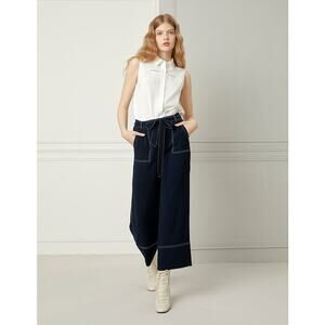 NWT BORA AKSU NAVY CONTRAST STITCH WIDE LEG PANTS MIDNIGHT BLUE SIZE 42 US 10